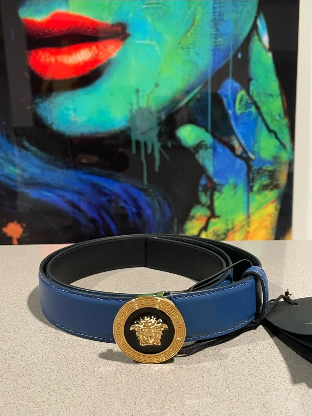 Versace Blue Leather Belt with Gold Medusa Buckle  SZ 110/44